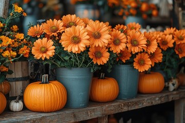 Vibrant autumn display with pumpkins and orange flowers on a matching orange background Generative AI