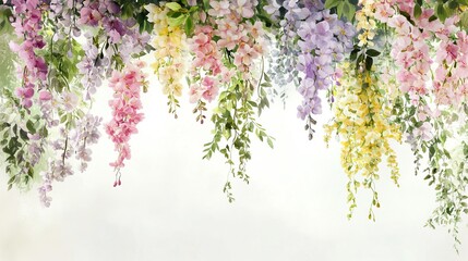 Obraz premium Colorful hanging flowers, white isolate background