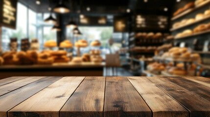 A wooden board table in sharp focus with an abstract blurred view of a bakery shop in the background. Ideal for food-related content or cozy caf settings.