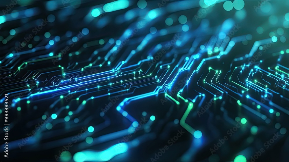 Poster abstract 3d vector of digital technology with blue and green connections. high-speed data flow acros