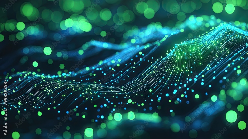 Poster abstract 3d vector of digital technology with blue and green connections. high-speed data flow acros