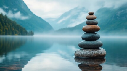 Balanced stones on serene lakeside with misty mountain background
