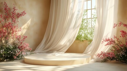 3d display podium set against a beige background with silk cloth curtains flowing in a gentle breeze creating a luxurious and elegant presentation space for beauty products