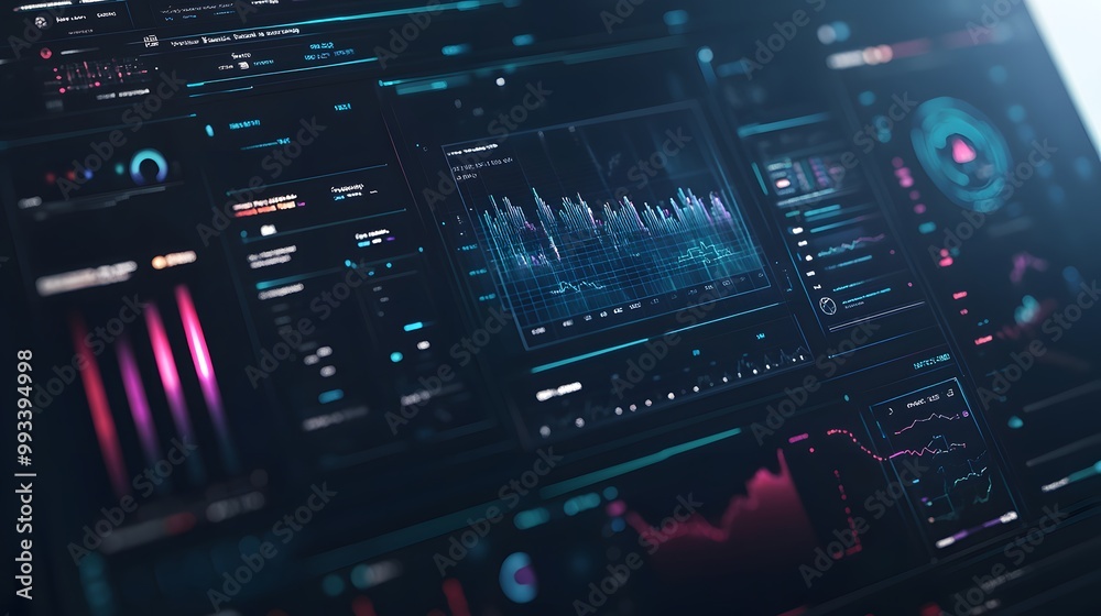 Poster closeup of a computer screen displaying a variety of graphs and data visualizations.
