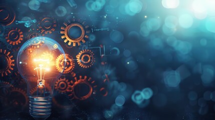 Glowing light bulb and cogwheel gears illustration background. Engineering mechanism settings