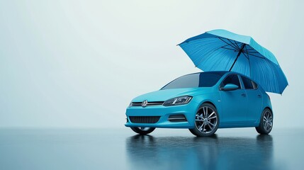 Blue car protected by an umbrella symbolizing insurance coverage