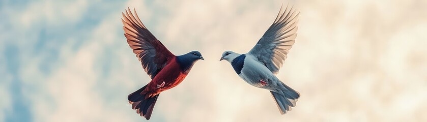 Fototapeta premium Two different-colored birds flying in harmony, creating a glowing thread between them