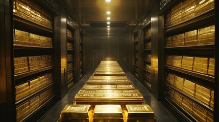 An enormous stack of gold bars arranged symmetrically in a secured bank vault. The gleam of gold contrasts with the dark, steel walls.