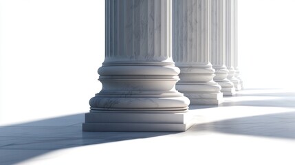 White marble columns stand in a row on a white marble floor with shadows.
