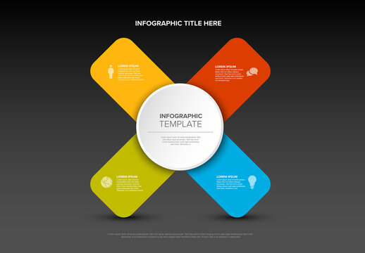 Multipurpose dark template with four crossed stripes and big circle in the middle with icons and text placeholders