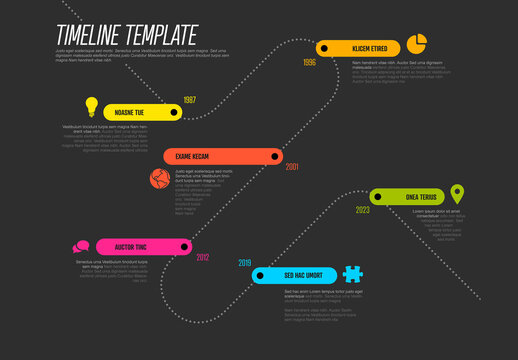 Dotted dark timeline template with thick line rainbow color steps with icons and short information
