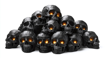 Pile of black skulls with glowing eyes - isolated on White Transparent Background