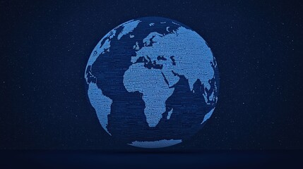 A globe with people sitting around it in discussion under the night sky, minimalistic style, realistic render, close-up, text space included.