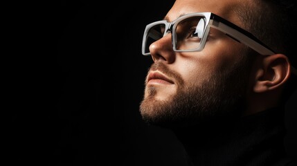 Obraz premium Close-up portrait of a bearded man wearing white framed glasses, looking up and to the side against a black background.