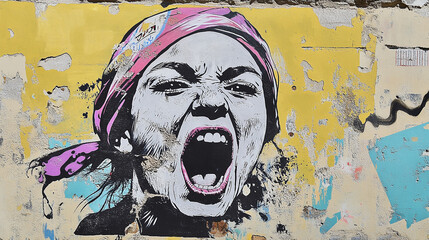 Fototapeta premium Woman screaming for rights equality, rebel fighting spirit, urban street art graffiti collage