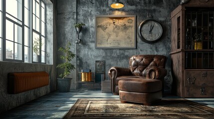 A vintage armchair with a footstool in a modern industrial style living room with a world map and a large clock on the wall.
