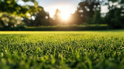 Bright green grass in a wide field, perfect for nature backgrounds or sports turf. The freshly mowed lawn captures the essence of spring outdoors.