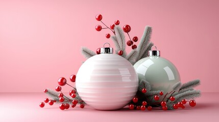 Elegant Christmas Ornaments with Fir Branches and Berries on Pink Background for Holiday Decor or Greeting Card Design