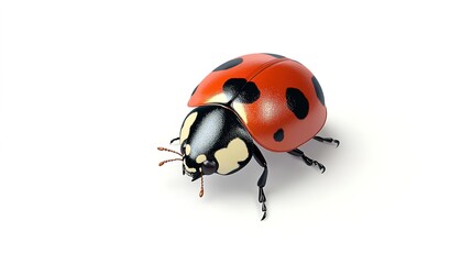 Naklejka premium A charming cartoon-style illustration of a ladybug against a clean white background. This full-view image showcases the ladybug's distinct red shell adorned with black spots