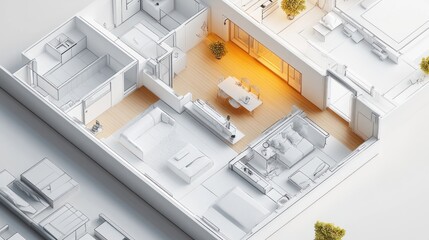 Modern minimalist house model with a patio and trees.