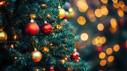 Festive christmas tree with colorful baubles and warm holiday lights - perfect for seasonal greeting card design