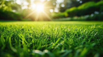 Naklejka premium Close-up of fresh, green grass blades on a sunny day. The lawn is perfectly mowed, creating a serene, natural background for park or garden scenes.