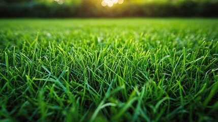 Fototapeta premium Close-up of fresh, green grass blades on a sunny day. The lawn is perfectly mowed, creating a serene, natural background for park or garden scenes.
