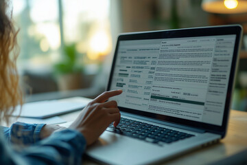 A person is looking at a laptop screen displaying text and charts