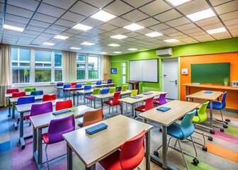 Modern College Classroom with Desks, Chairs, Whiteboard, and Educational Supplies for Learning