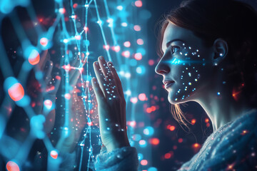 female scientist works on dna and a molecular genetic instrument, demonstrates a holographic presentation