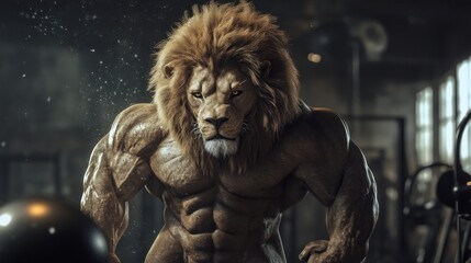 A muscular lion with a fierce look stands in a gym.