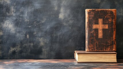 Two old religious books stacked on rustic surface with cross top one
