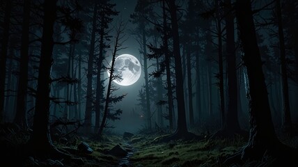 Fototapeta premium landscape illustration of a middle of the forest amosphere in the night view full moon with mist and trees