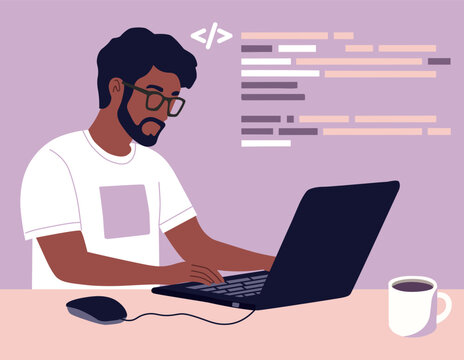 Young programmer working on laptop computer. Software development concept design. Vector flat illustration