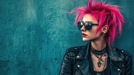 Young woman with neon pink hairstyle, wearing sunglasses and black leather jacket, embodying punk rock style