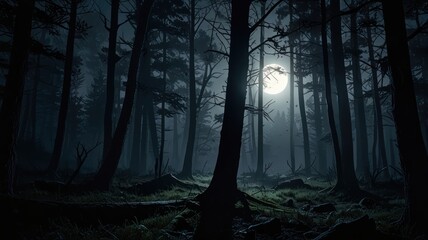 landscape illustration of a middle of the forest amosphere in the night view full moon with mist and trees