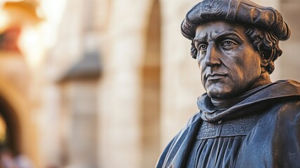 Bronze statue of man in historical attire, focusing on face and hat details, with blurred background