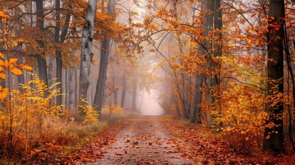 Obraz premium In a tranquil autumn forest, a path is covered in fallen leaves with vibrant orange and yellow trees.