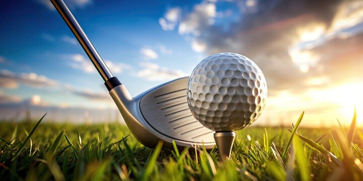 sport, hole-in-one, golf club, game, A close up photo of a white golf ball balanced on a tee in front of an iron club with a black background taken from a worm s eye view