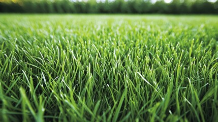 Fototapeta premium Close-up view of lush green grass texture, showcasing a vibrant lawn in spring. The freshly mowed surface creates a perfect nature backdrop or sports turf setting.