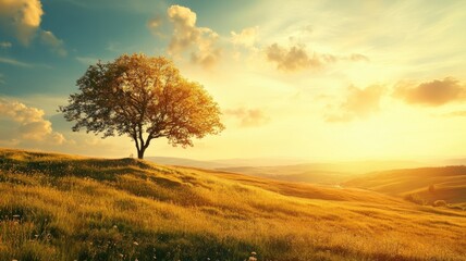 Obraz premium Solitary tree stands on grassy hill under vibrant, sunset sky with golden light and fluffy clouds