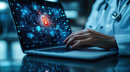 A healthcare worker types on a laptop featuring digital security symbols, highlighting the importance of cybersecurity in medicine