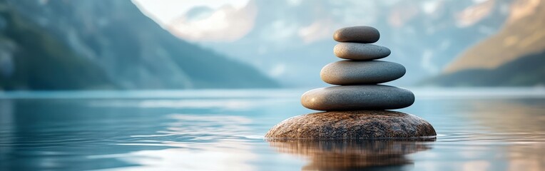 Balanced stones on serene lakeside with misty mountain background