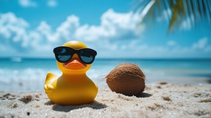 A yellow rubber duck wearing sunglasses rests on a white sandy beach next to a coconut.