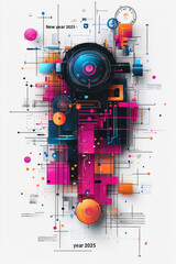 Obraz premium A vibrant digital artwork features geometric shapes and a clock, representing the arrival of New Year 2025 in a futuristic manner