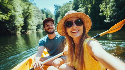 Obraz premium Happy couple kayaking on a beautiful river, woman in a straw hat and sunglasses smiles at the camera, man rows the kayak, sunny day.