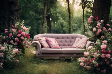 empty luxury sofa in the middle of a forest with flowers, romantic soft focus and ethereal light