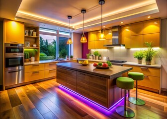 Modern Kitchen LED Light Fixture Illuminating a Stylish Culinary Space with Warm Ambient Lighting