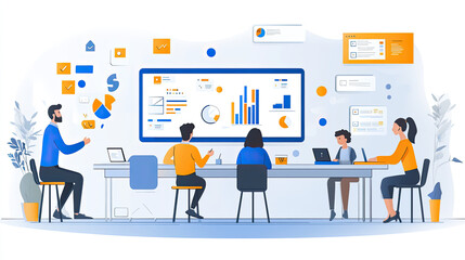A group of professionals is engaged in a collaborative discussion in a contemporary office setting focused on data analytics and presentation
