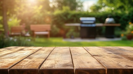 Fototapeta premium Empty wooden table in the foreground with a blurred BBQ setup in the background. Perfect outdoor scene for showcasing backyard gatherings and grilling activities.
